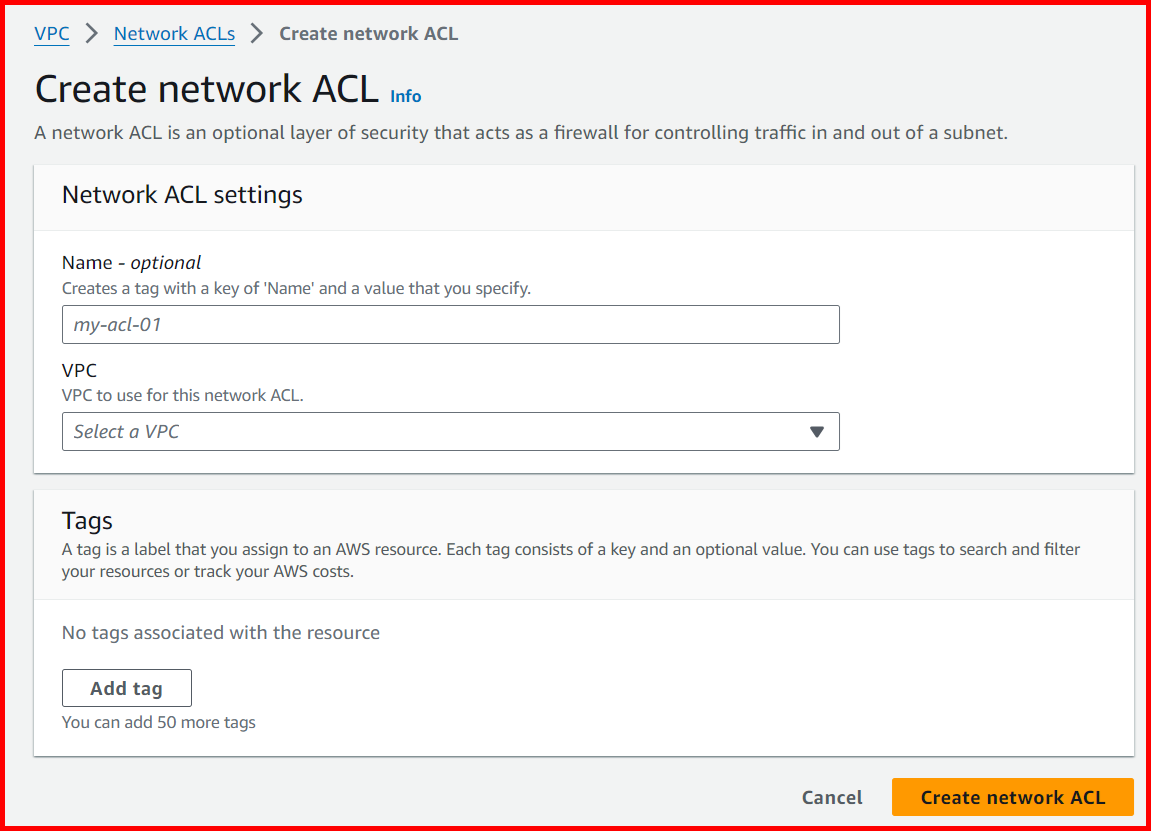 Picture showing the Create network ACL screen